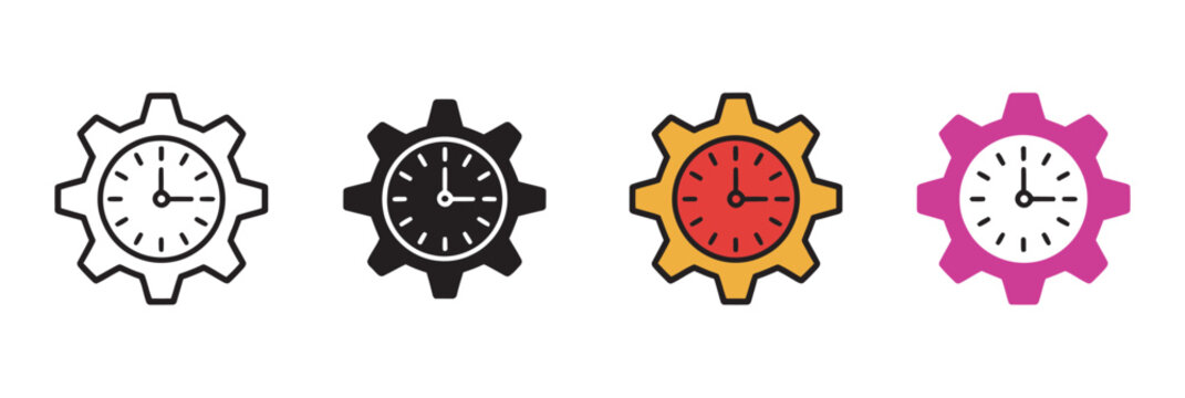 Time Management and Efficiency Optimization Icon Set, clock face inside gear cog wheel productivity scheduling vector illustration isolated white background business icons