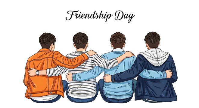 Four young men with arms around each other friendship day illustration