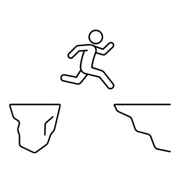 Minimalist stick figure jumping high across cliff gap line art illustration