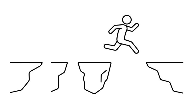 Minimalist stick figure jumping high over multiple cliff gaps line art illustration