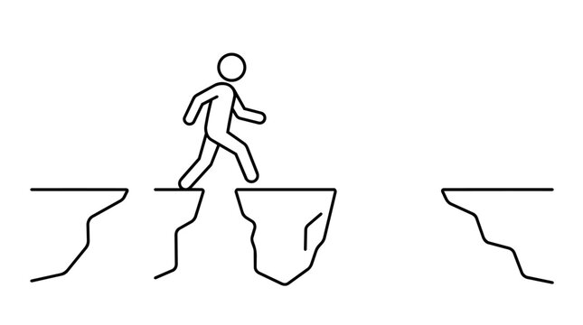 Minimalist stick figure walking safely after crossing multiple cliff gaps illustration