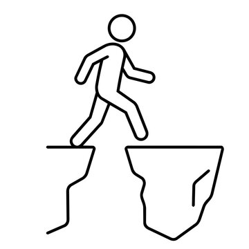 Minimalist stick figure leaping across cliff gap line art illustration