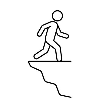 Minimalist stick figure running towards a cliff edge line art illustration