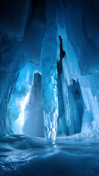 Inside a deep blue ice cave with massive frozen stalactites and sunlight