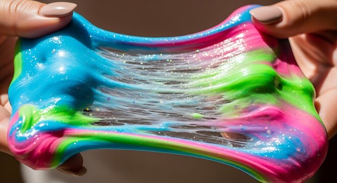 Colorful Glitter Slime Stretched Between Hands in Close Up View