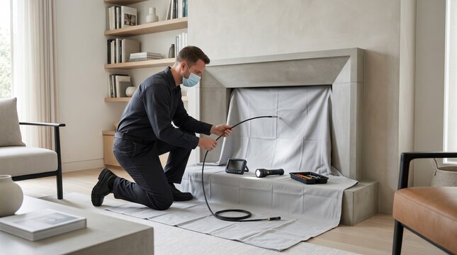Chimney technician inspecting fireplace flue, Indoor chimney safety service, Clean living room repair preparation, Inspection camera detail, Home maintenance