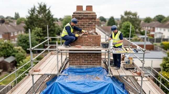 Chimney workers replacing damaged bricks, Residential masonry restoration, Roof scaffold repair service, Professional exterior maintenance, Clean debris control