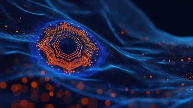 Glowing toroidal energy portal within a digital mesh with floating particles