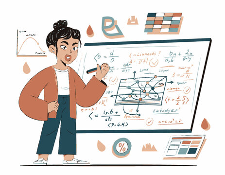 Female mathematician or teacher explaining complex math formulas and data analysis on a digital whiteboard illustration