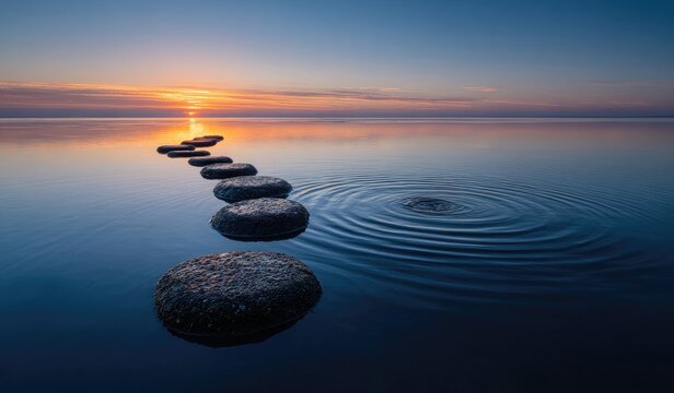 Stepping stones lead across tranquil water toward a serene sunset on the horizon