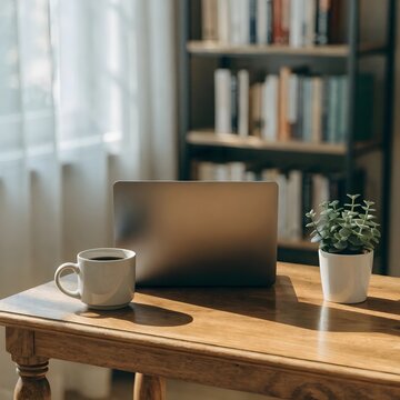 Silver laptop computer and white coffee mug on wooden desk with small green plant and bookshelf back.