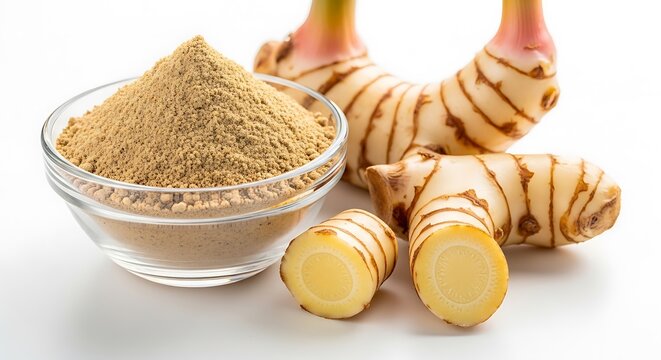 Fresh galangal root and bowl of ground galangal powder spice for cooking and healthy herbal medicine. galangal powder