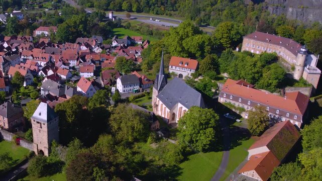 Aerial view of the city Ortenberg, 63683 in Germany, hesse on a sunny morning in late summer.