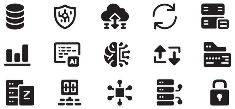 Fifteen black silhouette icons depicting database cloud networking and artificial intelligence.