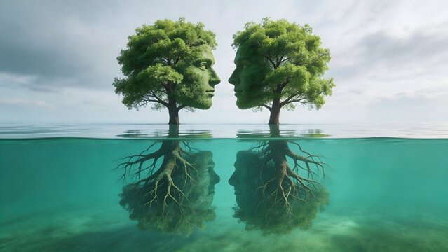 Trees with human faces in water