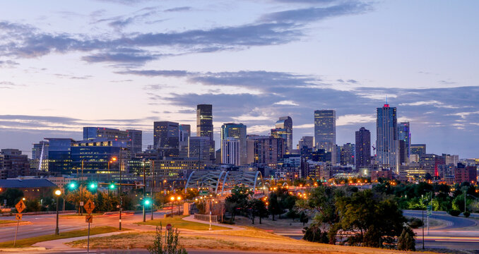 Denver Colorado Skyline at Twilight with City Lights and Traffic Trails