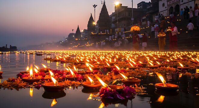 Floating oil lamps on Ganges river at Varanasi ghats during ritual