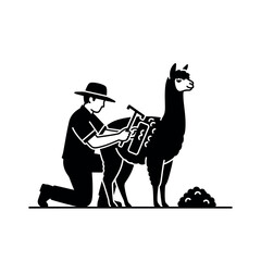 Fototapeta premium Farmer Shearing Alpaca with Clippers in a Stylized Line Art Illustration.