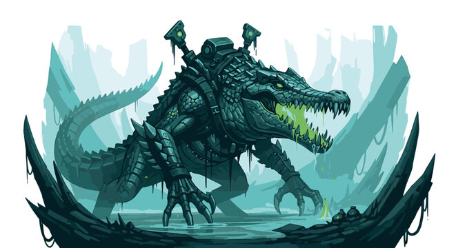Sci-fi vector artwork featuring a rugged alien crocodile hunter character in tactical survival gear and armor, posing with a large extraterrestrial reptilian creature on a white background.