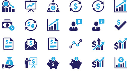 Fototapeta premium Modern financial and business icon collection featuring money symbols, charts, growth arrows, piggy banks, and economic exchange graphics