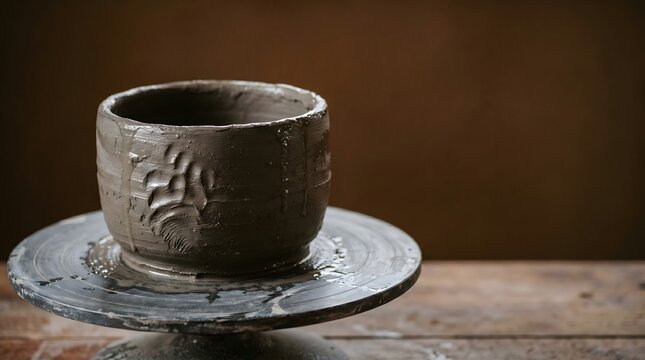 Wet clay pottery vessel with fingermark ridges and water rivulets on dark pottery wheel head surface, artisan ceramic craft slow living hobby editorial horizontal with copy space