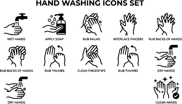 Hand washing icons set, Black vector and line icon, vector illustration
