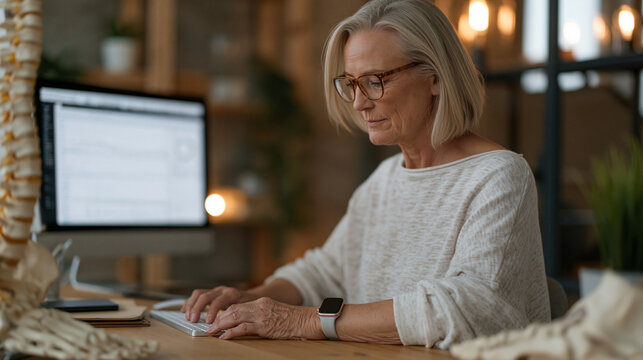 Retired female marathon runner checking wearable gait ysis data on clinic screen with physiothe, walking pace aging predictor essment, warm consultation room, anatomical foot and spine models on des