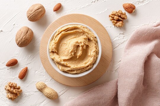 Creamy nut spread in bowl surrounded by whole nuts and cracked pieces