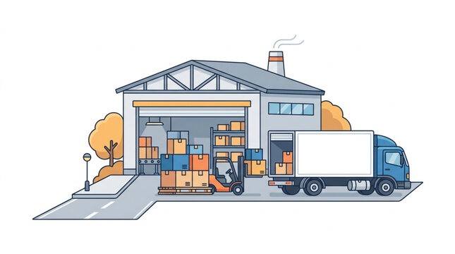 Warehouse logistics with forklift and delivery truck illustration.