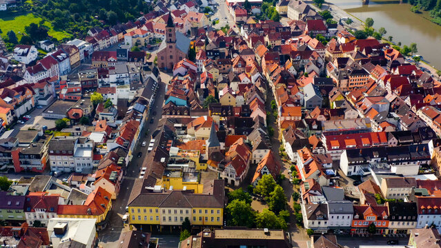 Aerial view of the city Eberbach in Germany. on a sunny spring day