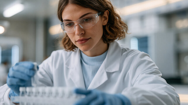 Molecular pharmacologist labeling vials of experimental senolytic compound in sterile clean room, aging cell therapy drug development, harsh overhead fluorescent lighting, protective hoand gown worn