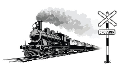 Vintage steam train with railroad crossing sign black and white silhouette © Jewel