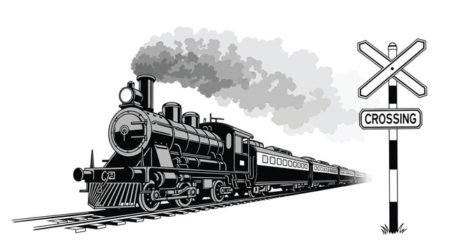 Vintage steam train with railroad crossing sign black and white silhouette