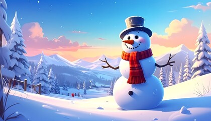 Obraz premium A cheerful snowman in a snowy mountain landscape at sunset
