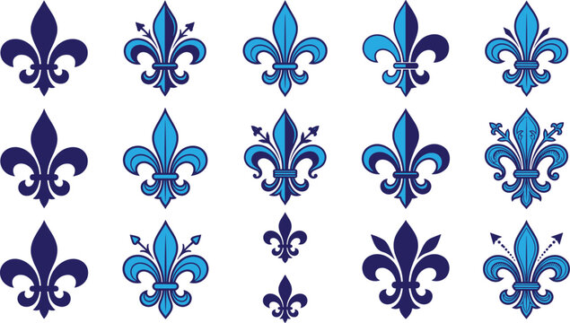 Stylized fleur‑de‑lis symbols in blue variations representing decorative design, heraldry, royalty, tradition, elegance, ornament, and artistic motif