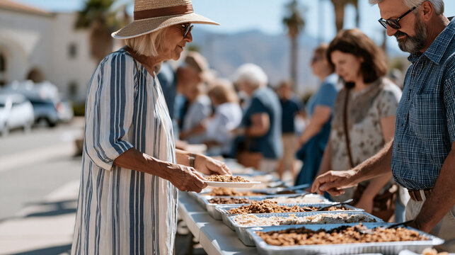 Loma Linda Seventh Day Adventist congregation gathering outdoors for communal vegetarian potluck lunch, religious practice longevity blue zone, Southern California summer warmth, long folding tables