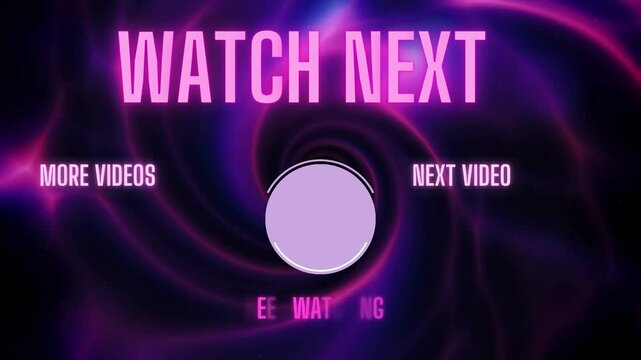 Animated neon end screen with glowing purple vortex waves, pink watch text, and futuristic video placeholder background for content creators and streaming channels