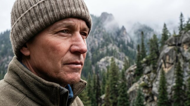 Mountain climber facing tall peak in cold weather concept. A contemplative man in nature with mountains and trees around.