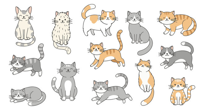 Cute hand-drawn cat collection in various playful poses and feline expressions. Vector illustration set featuring minimalist line art kitty characters for surface pattern design.