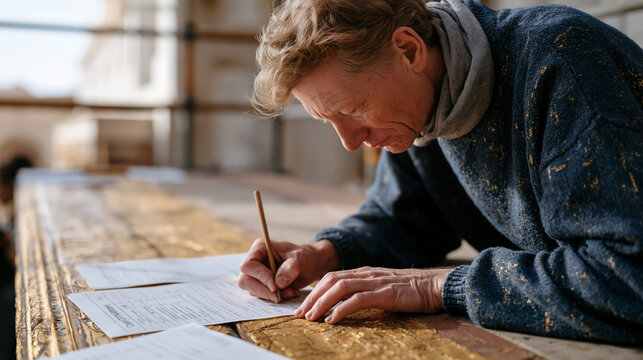 Gilded woodwork specialist stands on scaffolding inside a cathedral, carefully reattaching sections of a carved and gilded altarpiece with arcal adhesive, istants below documenting each stage of the