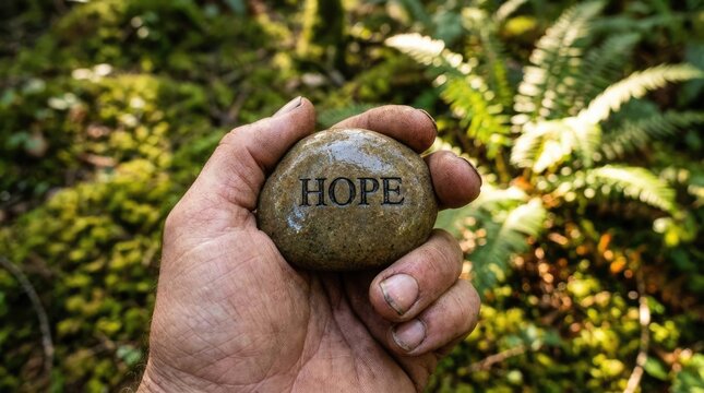Mountain climber facing tall peak in cold weather concept. A hand holding a stone engraved with the word hope.