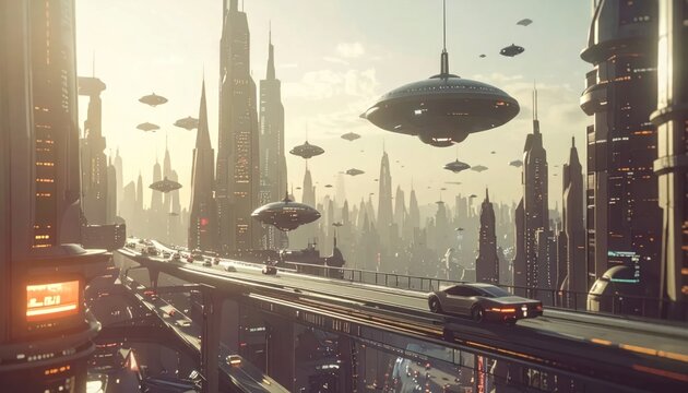 Futuristic Flying Vehicles Hovering Above Elevated Road in Vast Sci Fi City