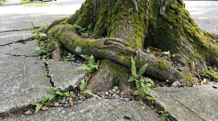 Obraz premium Mountain climber facing tall peak in cold weather concept. A moss-covered tree root emerging from cracked pavement.