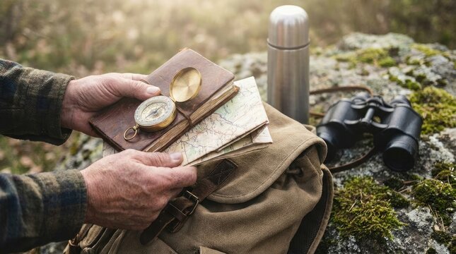Mountain climber facing tall peak in cold weather concept. A person exploring nature with maps and outdoor gear.