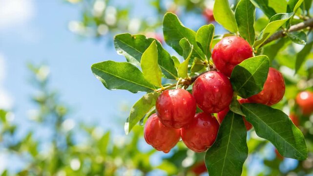 ripe red acerola cherries hanging on leafy branch video