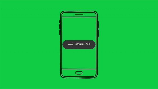 Minimalist outline of a smartphone with a 'LEARN MORE' button on a vibrant green background, representing digital interaction and call to action.