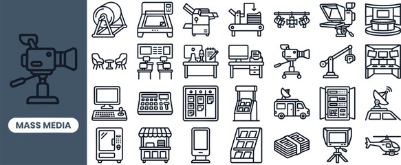 Mass Media Studio and Equipment outline icon set. Featuring boom mic, video camera, lighting rig, control mixer, and teleprompter symbols. Editable stroke icons for media studio and content platform. © Pixel_Forge
