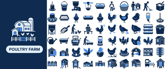 Poultry and Livestock flat icon set. Featuring chicken, rooster, duck, turkey, and goose symbols. Editable stroke vector icons for animal husbandry and dairy farm. © Pixel_Forge