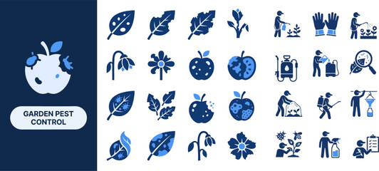 Garden Pest and Plant flat icon set. Featuring crop bug, leaf mildew, aphid colony, fungus spot, and weed sprout symbols. Editable stroke vector icons for gardening and pest control app. © Pixel_Forge
