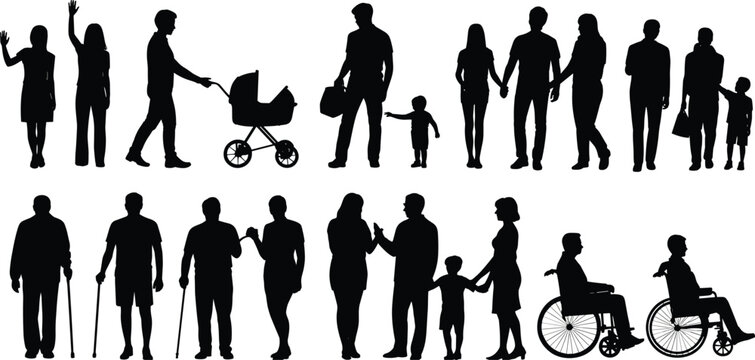 Diverse group people silhouette collection, family with stroller elderly and wheelchair users set, pitch black solid silhouette cad drawing flat illustration.
